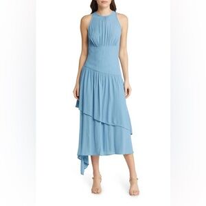 Sleeveless Tiered Asymmetric Midi Dress In Blue Heaven